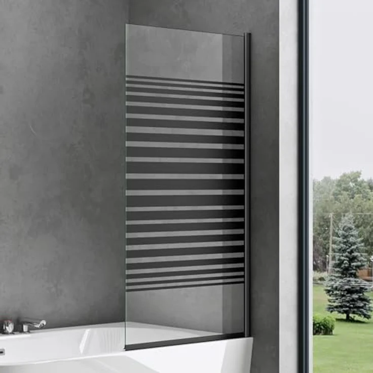 doporro Badewannenfaltwand Badewannenaufsatz Cortona201 Duschwand, Einscheibensicherheitsglas, Milchglasstreifen, schwarz – Bild 2