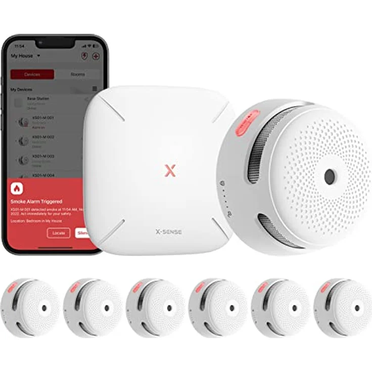 X-Sense XS01-M ProConnected Rauchmelder mit SBS50 Basisstation, TÜV-zertifiziert, Funkrauchmelder-Heimsicherheitssystem, vernetzbarer Feuermelder, kompatibel mit X-Sense Home Security, 6 Stück – Bild 1