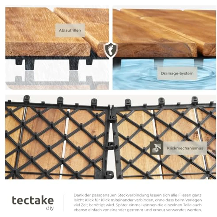 tectake Terrassenfliesen Tabula, 3,844 m², 40-teiliges Set mit Klicksystem, Akazienholz, rutschfest und wetterfest – Bild 5