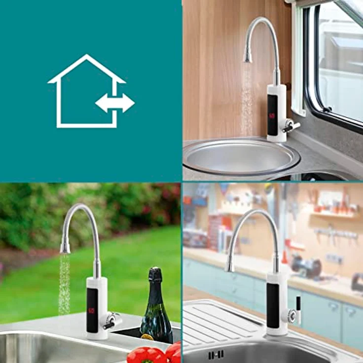 EASYmaxx Warm- & Kaltwasserarmatur mit Durchlauferhitzer, digitale LED-Temperaturanzeige, ideal für Werkstatt, Garage, Camping, Garten und Terrasse, Weiss/Edelstahl – Bild 4