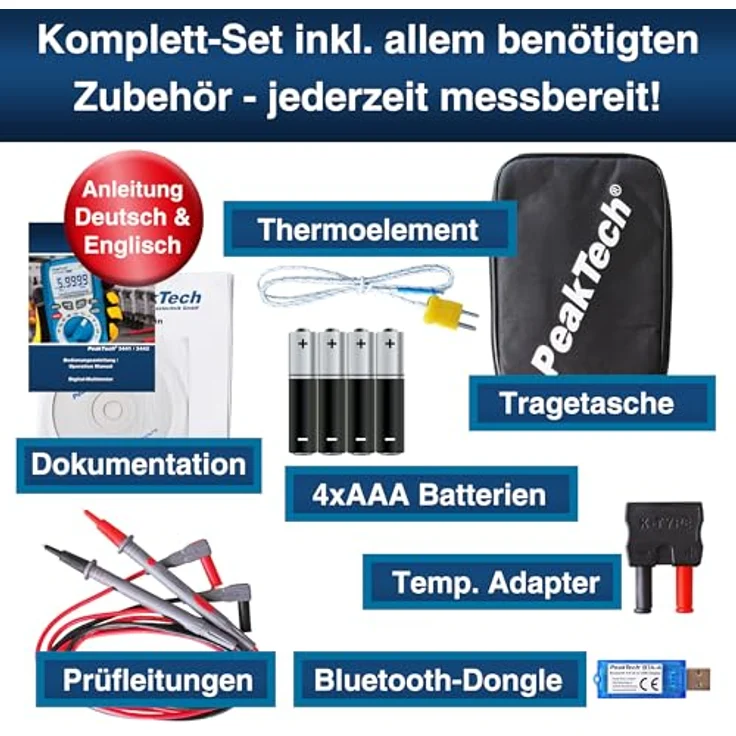 PeakTech P 3442 True RMS Digital Multimeter für Elektriker mit 60000 Counts und 4.0 Bluetooth, Profi-Handmultimeter, Auto-Hold, -GS, Spannungsmesser, Durchgangsprüfer, Messgerät - CAT III 1000V – Bild 8