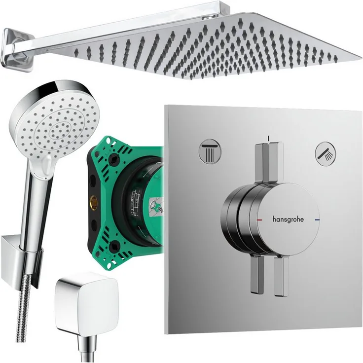 Hansgrohe und Jowi Unterputz Duschsystem DuoTurn E, Duscharmatur mit quadratischer Edelstahl Kopfbrause, 250/300/360mm, schwenkbar, 400mm Brausearm