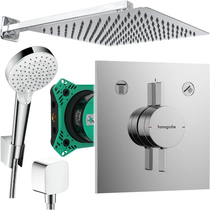 Hansgrohe und Jowi Unterputz Duschsystem DuoTurn E, Duscharmatur mit quadratischer Edelstahl Kopfbrause, 250/300/360mm, schwenkbar, 400mm Brausearm