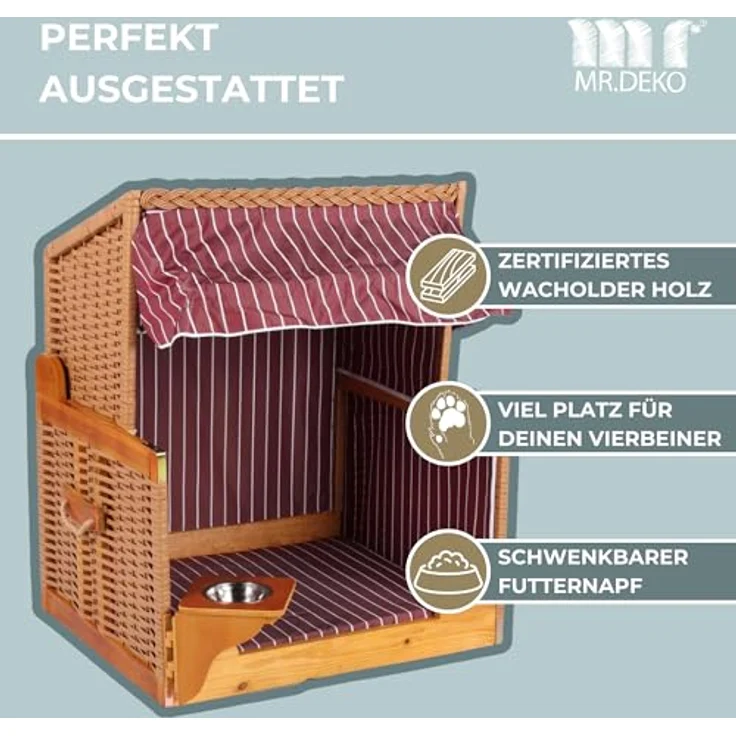 MR. DEKO® Hundestrandkorb Wacholder PE Beige, mit rot gestreiftem Dach, inklusive schwenkbarem Edelstahl-Futternapf und Wassernapf, UV-beständig und wetterfest, für Hunde und Katzen – Bild 5