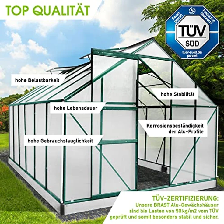 BRAST Gewächshaus Aluminium mit Fundament, 6mm Hohlkammerplatten, rostfrei und wetterfest, TÜV geprüft, 380x250x205cm, grün – Bild 3