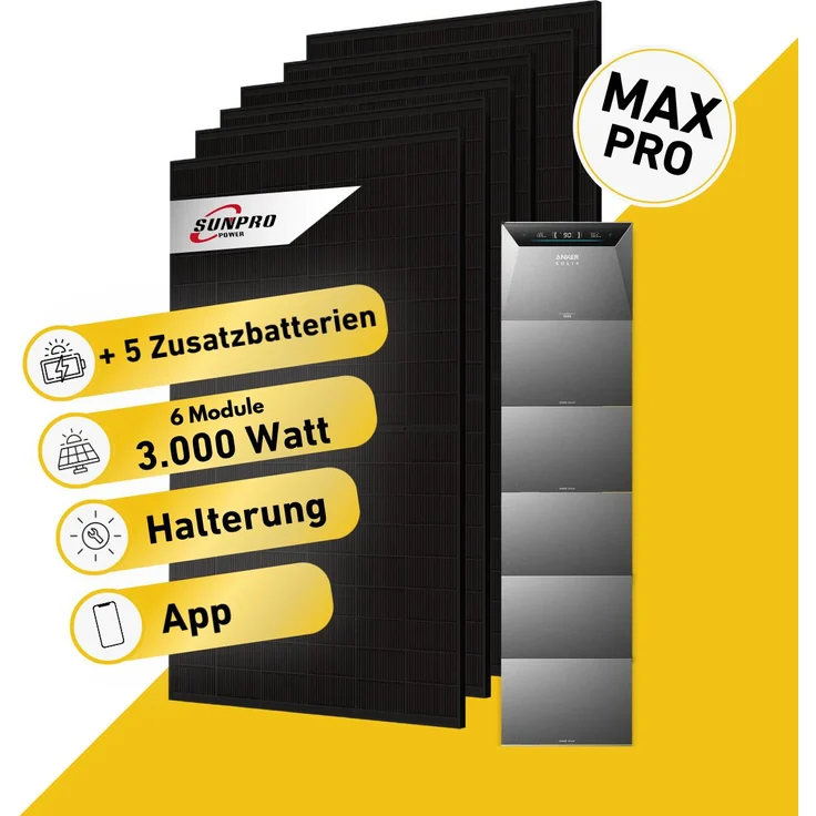 Balkonstrom Balkonkraftwerk 3000W, Komplettset mit 5 kWh Speicher, 6x Bifazial-Solarmodulen, Ziegeldachhalterung und 15m Wieland Kabel