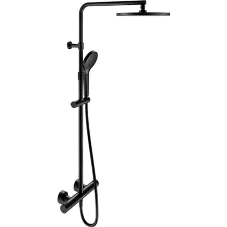 Keuco Duschsystem PLAN BLUE AP, Thermostat-Brausemischer mit schwarzer Kopfbrause, höhenverstellbar, Sicherheitsverriegelung 38°C, 250 mm rund – Bild 1
