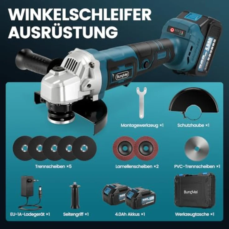 Bundviel Akku-Winkelschleifer 21V, Bürstenloser Motor, max. 12000 U/min, Ø 125mm, inkl. 2×4,0Ah Akku und Ladegerät – Bild 8