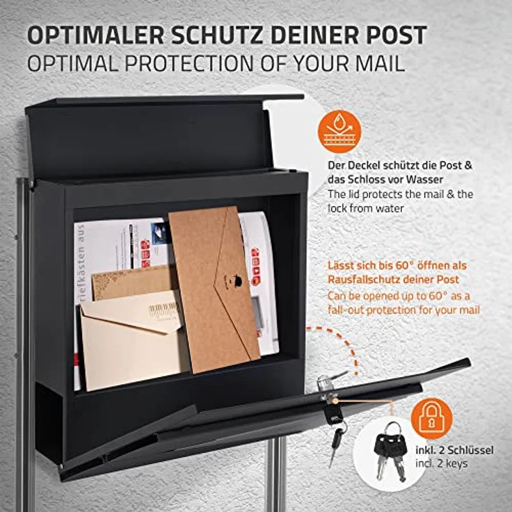 ECD Germany Standbriefkasten mit Zeitungsfach, Design Briefkasten mit Pfosten, Briefkastenanlage, Briefkastenständer Silber 120 cm Edelstahl, Postkasten Anthrazit-Silber Edelstahl pulverbeschichtet – Bild 3