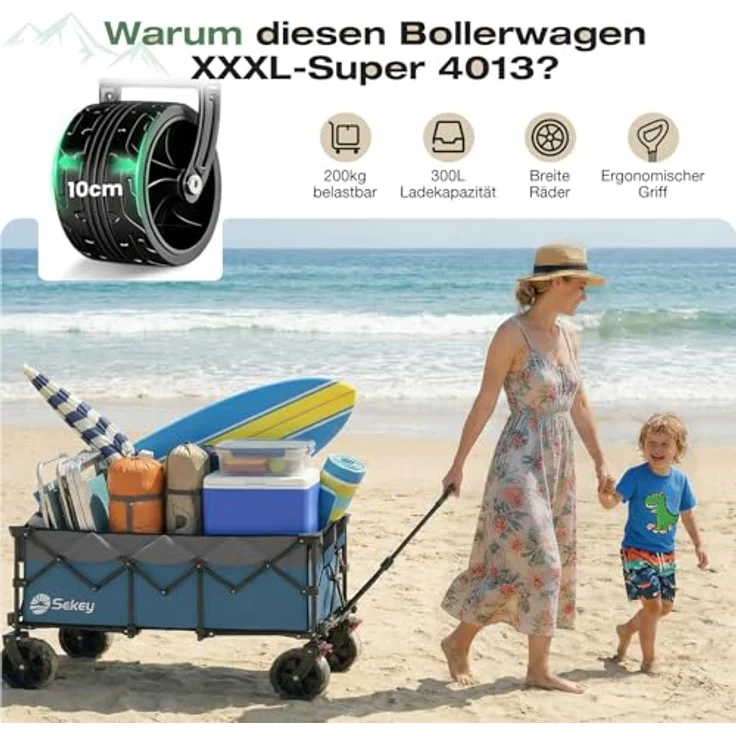 Sekey XXXL Bollerwagen Faltbar, 300L Fassungsvermögen, 200KG belastbar, All-Terrain-Räder 17x10 cm, patentierter 4-Wege-Sofortaufbau, wasserabweisend, Blau mit Grau – Bild 2