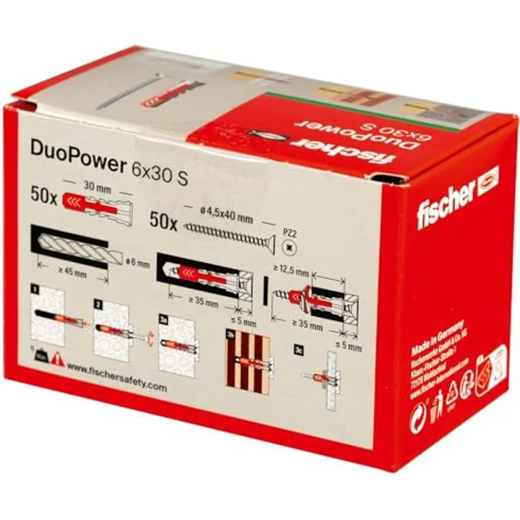 fischer DuoPower 6 x 30 S, Universaldübel mit Sicherheitsschraube, 2-Komponenten-Dübel für Beton, Ziegel, Stein, Gipskarton, 50 Dübel + 50 Schrauben – Bild 4