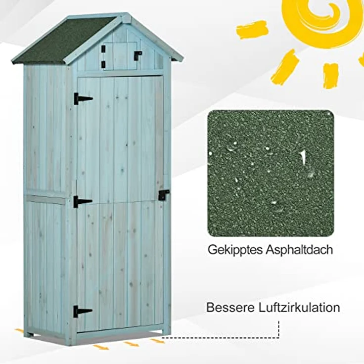 Outsunny Gartenschrank Gartenhaus Gerätehaus Geräteschuppen mit Fachböden Asphaltdach Fenster Holz Hellblau+Grün 77 x 54,2 x 179 cm – Bild 4