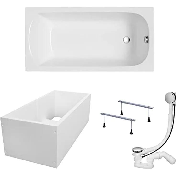KOLMAN Badewanne CLASSIC SLIM Rechteck 150x75 in Reinweiß mit Wannenträger, Ablaufgarnitur und Füßen 4in1 Premium Acryl Wanne Siphon