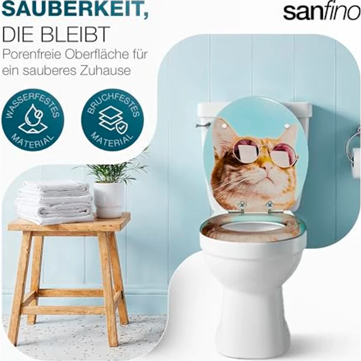 Sanfino Cool Cat WC Sitz aus Holz, hellblau mit Absenkautomatik und verchromten Metallscharniere – Bild 3