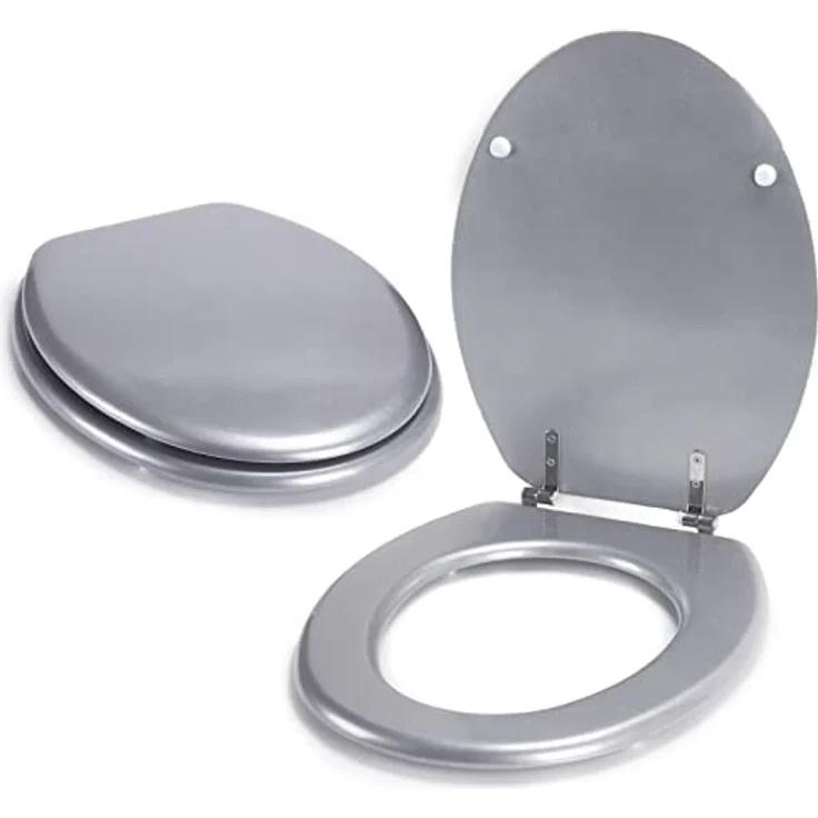 MSV WC-Sitz Cleo MDF, 45 cm x 37 cm, Silber, feuchtigkeitsresistent mit rostfreien Scharnieren – Bild 1