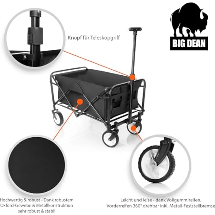BigDean faltbarer Bollerwagen schwarz, robust bis 80 kg belastbar, platzsparend für Ausflüge und Einkäufe – Bild 5