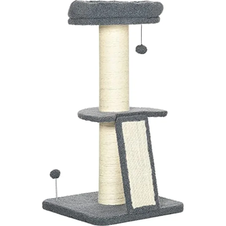 PawHut Kratzbaum 92H cm Kletterbaum mit Kratzbrett und Spielball Katzenbaum Dicke Sisalsäule Katzenspielzeug mit Rampe Lammfell-Imitat Dunkelgrau+Cremeweiß
