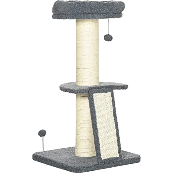 PawHut Kratzbaum 92H cm Kletterbaum mit Kratzbrett und Spielball Katzenbaum Dicke Sisalsäule Katzenspielzeug mit Rampe Lammfell-Imitat Dunkelgrau+Cremeweiß – Bild 1
