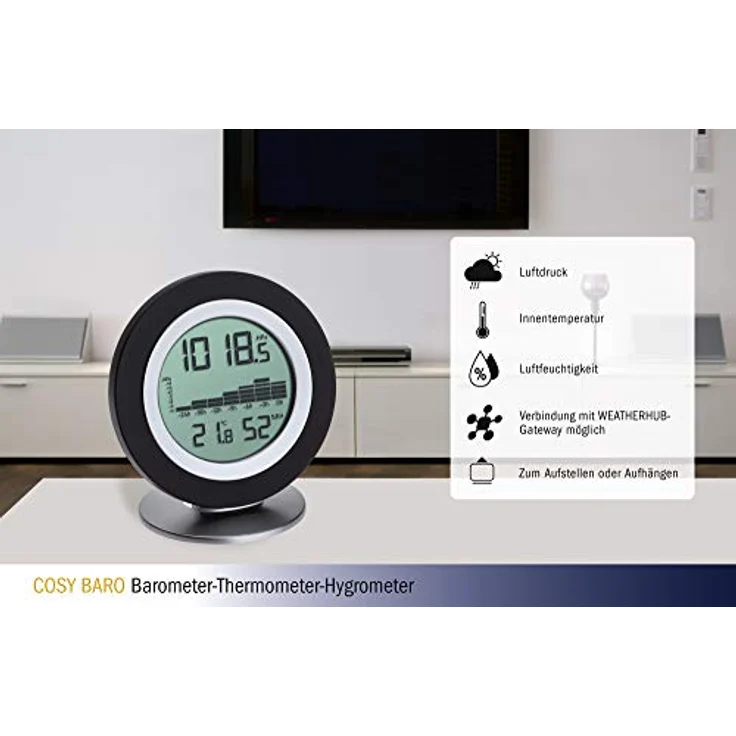 TFA Cosy Baro, Funk-Wetterstation mit digitalem Barometer, Thermometer und Hygrometer, Schwarz, SmartHome-fähig – Bild 3