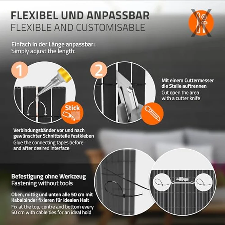 ECD Germany PVC Sichtschutzmatte 160x400 cm, Anthrazit, UV-beständig, wasserdicht, Windschutz mit 3-Gewicht-Verstärkung für Garten und Balkon – Bild 4