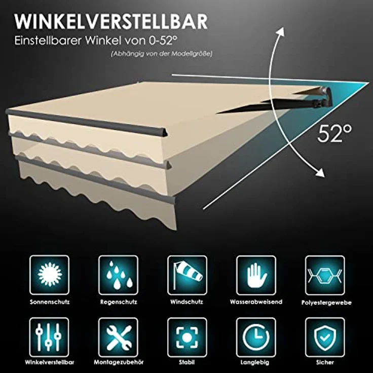 KESSER® Elektrische Gelenkarmmarkise mit Fernbedienung Markise Gelenkmarkise 250 x 200cm Terrassenmarkise Klemmmarkise Sonnenmarkise inkl. Wandhalterung Sonnenschutz Balkonmarkise Beige – Bild 4