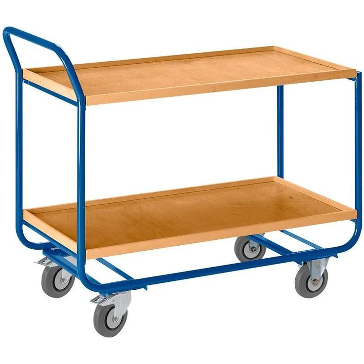 Rollcart Tischwagen, Transportwagen mit Holzrand, 2 oder 3 Etagen, Ladefläche L 1000 x B 575 mm oder L 775 x B 475 mm, tragbar bis 150 kg, pulverbeschichtetes Blau (RAL 5010)