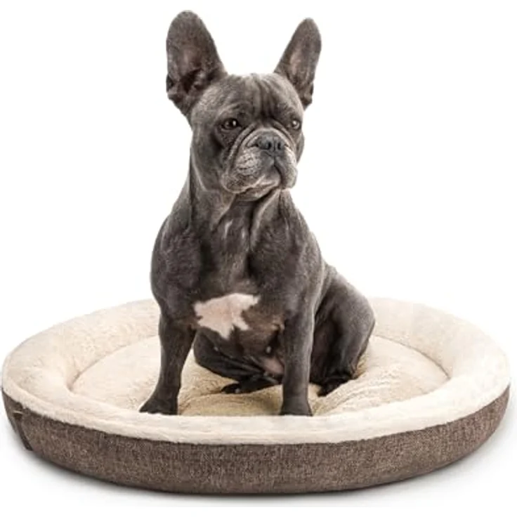 lionto Hundekörbchen rund in Donut-Form, Ø 65 cm, waschbarer Bezug, Anti-Rutsch-Noppen, kuscheliges Heimtierkissen aus Oxford-Leinen & Plüsch, braun – Bild 1