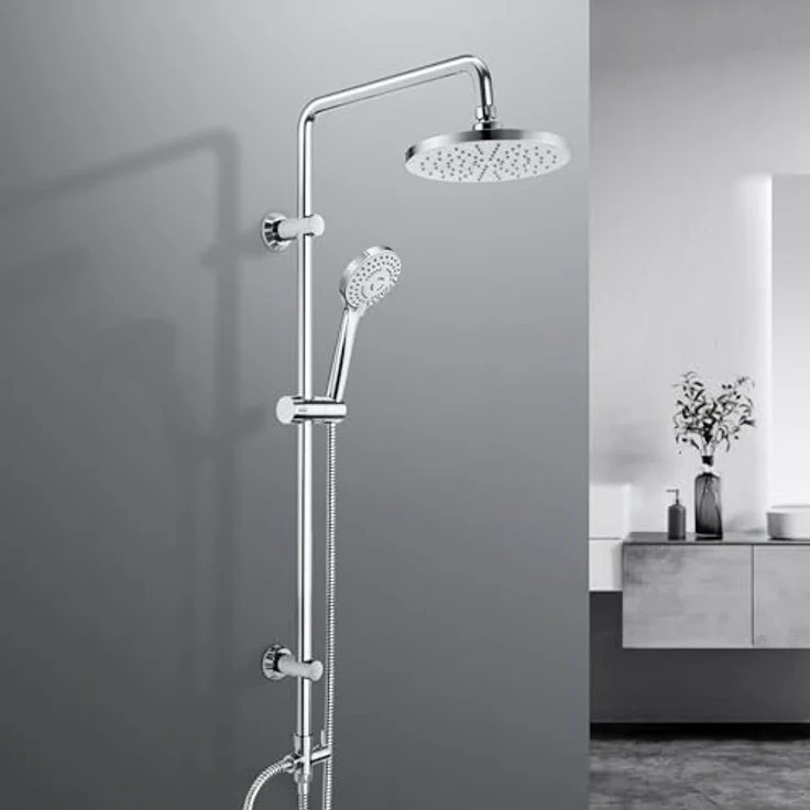 JOHO Edelstahl Duschsystem ohne Armatur, Regendusche Duschset mit 20 cm ABS Kopfbrause, chrom, wassersparend, 3 Strahlarten, 92 cm Duschstange – Bild 1
