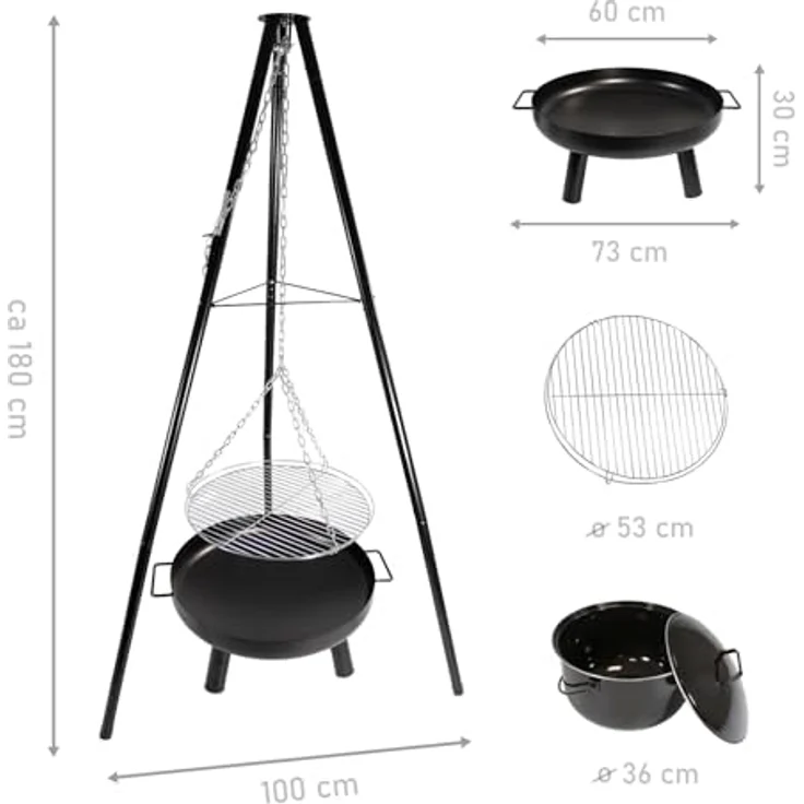 LEMODO Schwenkgrill mit Feuerschale und Grillrost, Dreibein Hängegrill mit Gulaschkessel, BBQ 3 Bein Grill Gestell - Holzkohlegrill Zubehör, Schwarz – Bild 4