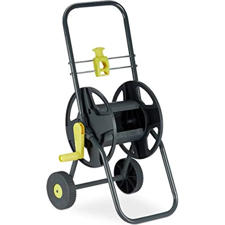 Relaxdays Schlauchwagen 45m, fahrbare Schlauchtrommel für Garten & Balkon, mit Schlauchführung, 76,5x44x41 cm, grau-gelb – Bild 2
