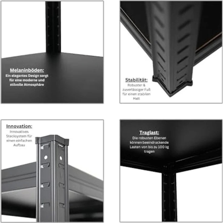 Proregal Schwerlastregal All Black Series Ragnar, 180 x 90 x 40 cm, 5 verstellbare Böden, Traglast 100 kg pro Boden, Schwarz – Bild 6