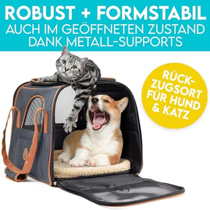 HUND IST KÖNIG Hundetasche & Katzentasche bis 8kg - Denim-Farben mit Lederimitat - Faltbare mobile Tragebox für Hunde & Katzen bis 8kg – Bild 3