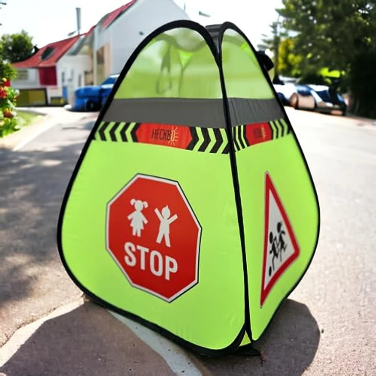 HECKBO 2x Straßenwarnschild Achtung Kinder Schild spielende Pylonen + Wimpelkette - Kinder Straßenpylone Kinder Sicherheit Safety Pop Up Set - Vorsicht Kinder Street Buddy Warnkegel – Bild 3