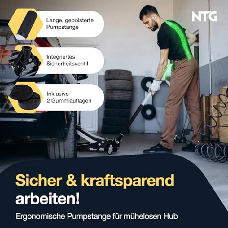 NTG Hydraulischer Wagenheber, Rangierwagenheber 3t mit Doppelkolben-Schnellhub, Hubbereich 85-485mm, inkl. 2 Gummipads und magnetischer Ablagefläche – Bild 5