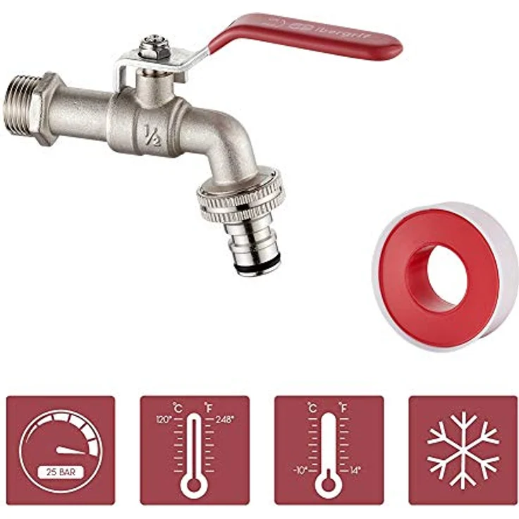 Ibergrif Wasserhahn Waschmaschine 1/2 zoll mit Schlauchanschlüsse - Kugelhahn Frostsicher -10℃, High Temperature Resistance 120℃, Absperrhahn Tropffrei, Wasserhahn Aussen Messing – Bild 2
