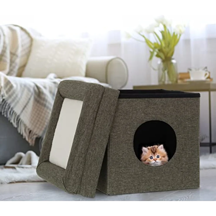 Relaxdays Katzenhöhle Indoor, Rückzugsort für Katzen & kleine Hunde, Tierversteck 2 Etagen, HxBxT: 44 x 38 x 38 cm, grau – Bild 2