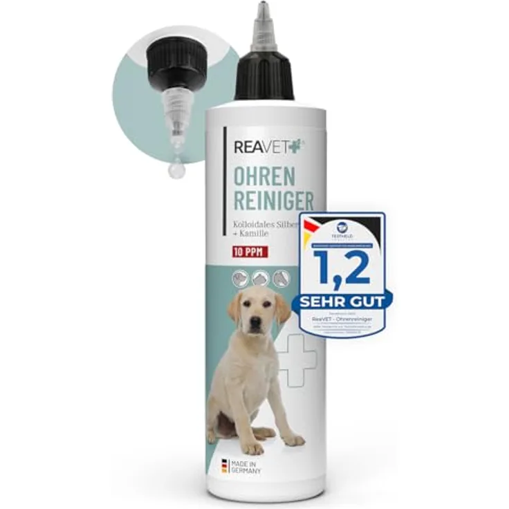 ReaVET TESTURTEIL SEHR GUT 09/23 Ohrenreiniger für Hunde & Katzen 250ml - Ohrreiniger mit Kolloidalem Silber + Natürlicher Kamille I Mittel zum Ohr Reinigen für Hund, Katze, Pferd