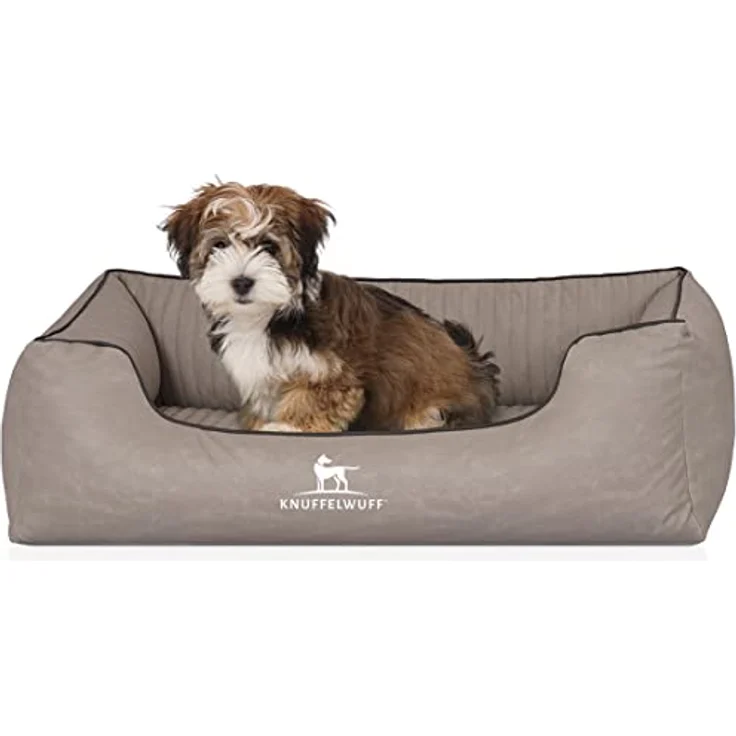 Knuffelwuff Orthopädisches Hundebett Columbia aus Laser-gestepptem Kunstleder M-L 85 x 63cm Hellgrau – Bild 1