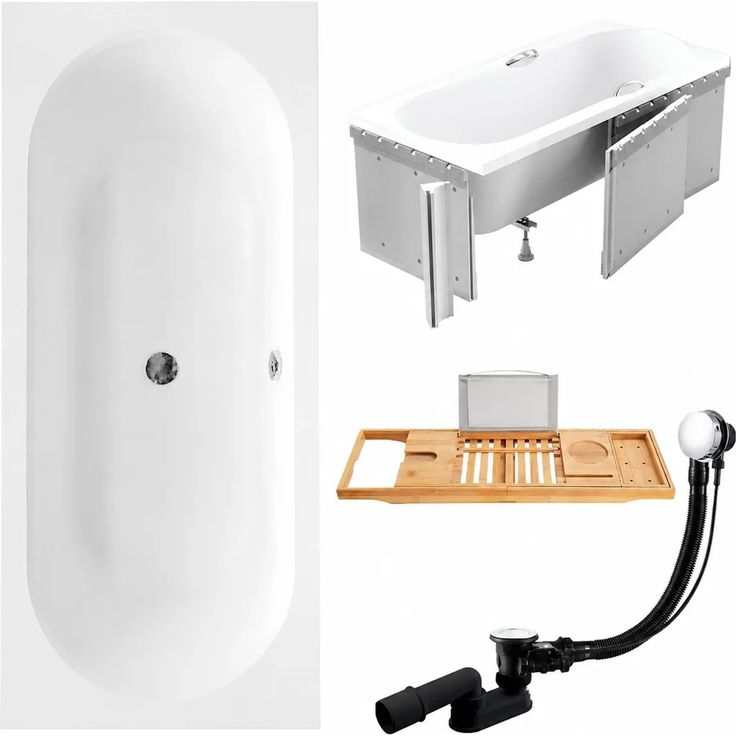 KOLMAN VITAE Badewanne Rechteck 150 x 75 cm, Acryl mit Styroporverkleidung, inkl. Bambus Badewannenablage, Ablauf und Füße, schneeweiß