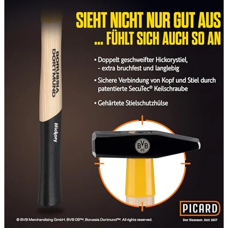 PICARD Schlosserhammer 300g SecuTec, BVB-Look mit Hickory-Stiel und korrosionsgeschütztem Kopf – Bild 4