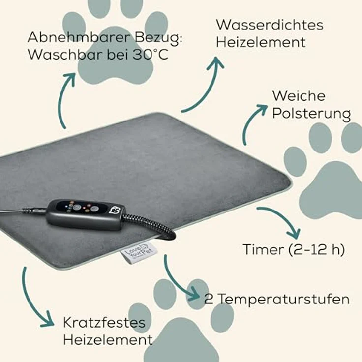 Beurer BEU PP 210 Heizmatte Lilli, elektrische Wärmematte für kleine Hunde und Katzen, waschbarer Bezug, kratzfestes Heizelement, wasserdicht (IPX7), 2 Temperaturstufen, 4 Timer-Einstellungen, 41 x 34 cm – Bild 4