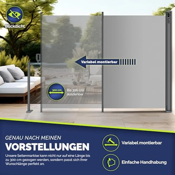 tillvex® Seitenmarkise 160 x 300 cm ausziehbar & Blickdicht | Sichtschutz für Balkon, Garten & Terrasse | Seitenrollo mit Wandhalterung | Sonnenschutz aus rostfreiem Stahl | Markise Windschutz – Bild 2