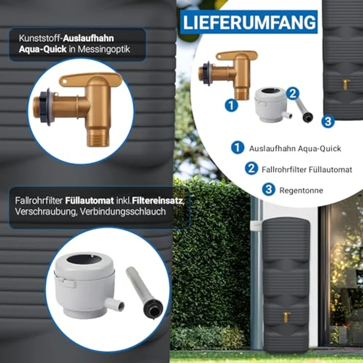 4rain Quadro Regentonne Wandtank Komplett-Set 170 Liter Graphite Grey, inkl. Kunststoff-Auslaufhahn und Fallrohranschluss, für schmale Standorte, schlichtes Design für Balkon und Garten – Bild 4