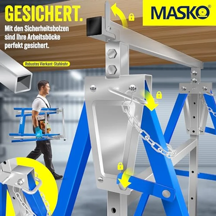 MASKO® Teleskop-Arbeitsbock 2-er Set | Klappbock mit 200 kg Belastbarkeit | Höhenverstellbar 800-1300 mm | Inkl. rutschfester Handschuhe | Blau – Bild 4