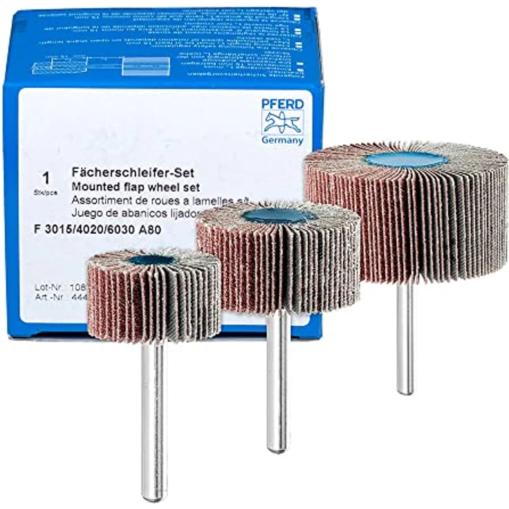 PFERD Fächerschleifer-Set F, 3-tlg. / Korund Ø30x15mm Ø40x20mm Ø60x30mm Schaft-ø 6mm A80 / 44498032 – für Feinschliff & Finish mit dem Geradschleifer oder Biegwellenantrieb – Bild 1