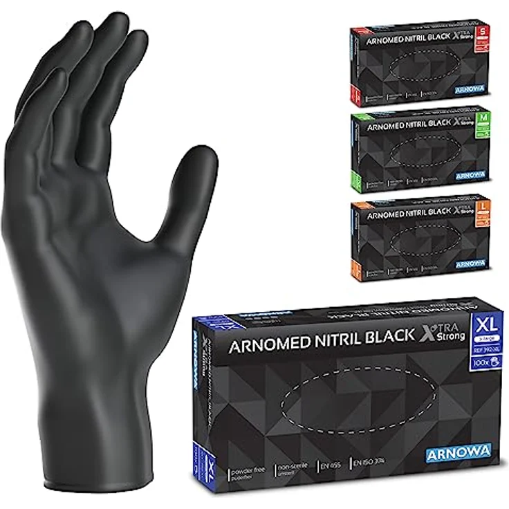 ARNOMED Nitrilhandschuhe Schwarz Extra Stark, 50% dickere Einmalhandschuhe XL, 100 Stk. Box - puderfrei, latexfrei, reißfest, für Lebensmittel und Hygiene geeignet – Bild 1