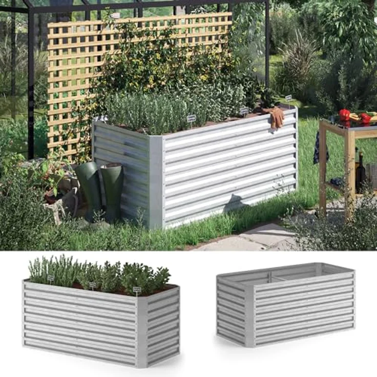 Ok-Living Hochbeet Kräuterbeet Gemüsebeet rechteckig 180x90x80cm (LxBxH) Silber Pflanzkasten Frühbeet Aufzucht Beet Garten – Bild 3