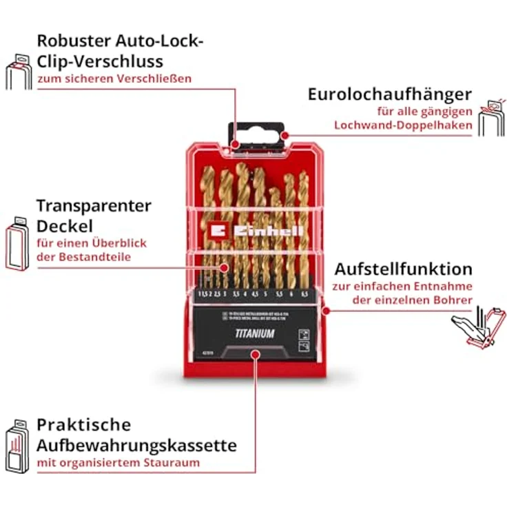 Einhell 19-tlg. HSS-G Titan Metallbohrer-Set, titanbeschichtet, gefräste Typ N Spirale, goldene Spitze, Rundschaft – Bild 3