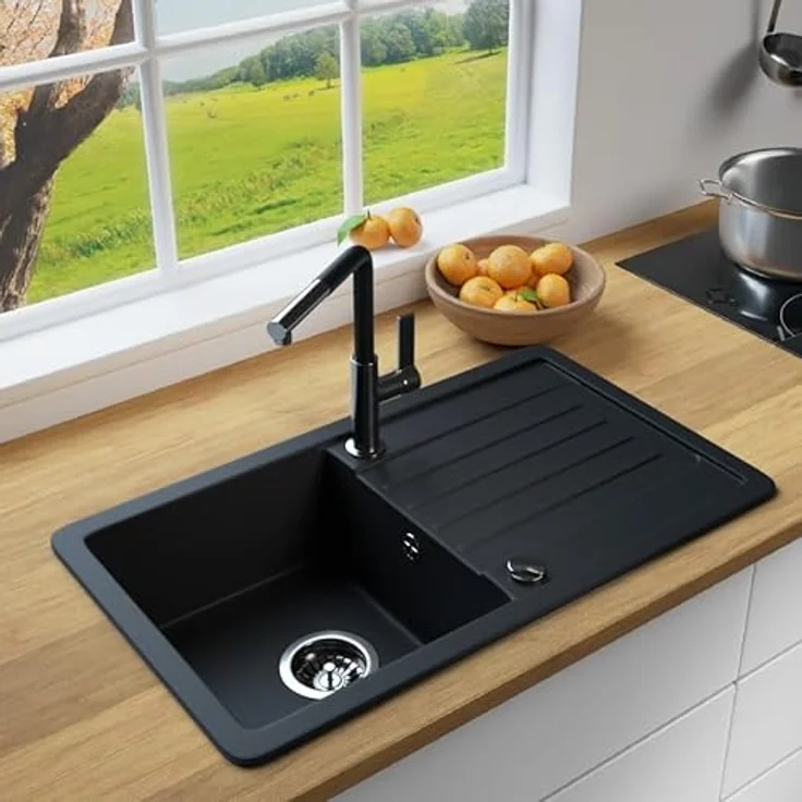 Lindbergh Granit Spüle "VEL" + Siphon Einbauspüle Küchenspüle Spülbecken + DREHEXCENTER - Made in Germany (Schwarz) – Bild 2