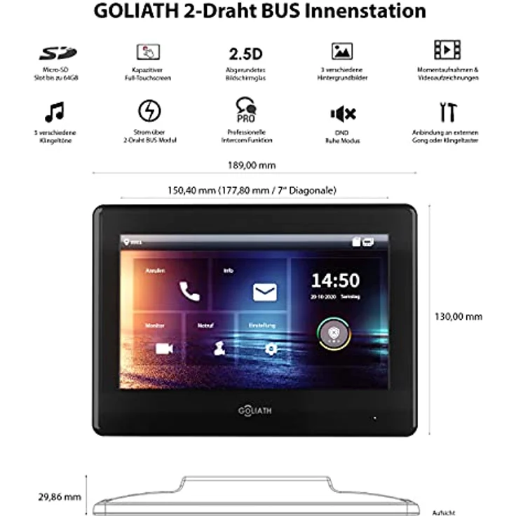 Goliath Intercom GL-HB300, 2-Draht BUS Video-Türsprechanlage mit HD-Kamera, 3 Monitore, Smartphone-Steuerung, Silber – Bild 3